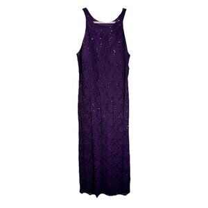 R&M Richards Formal Halter Dress Size 16 Dark Purple Floral Lace Sequin Maxi NEW